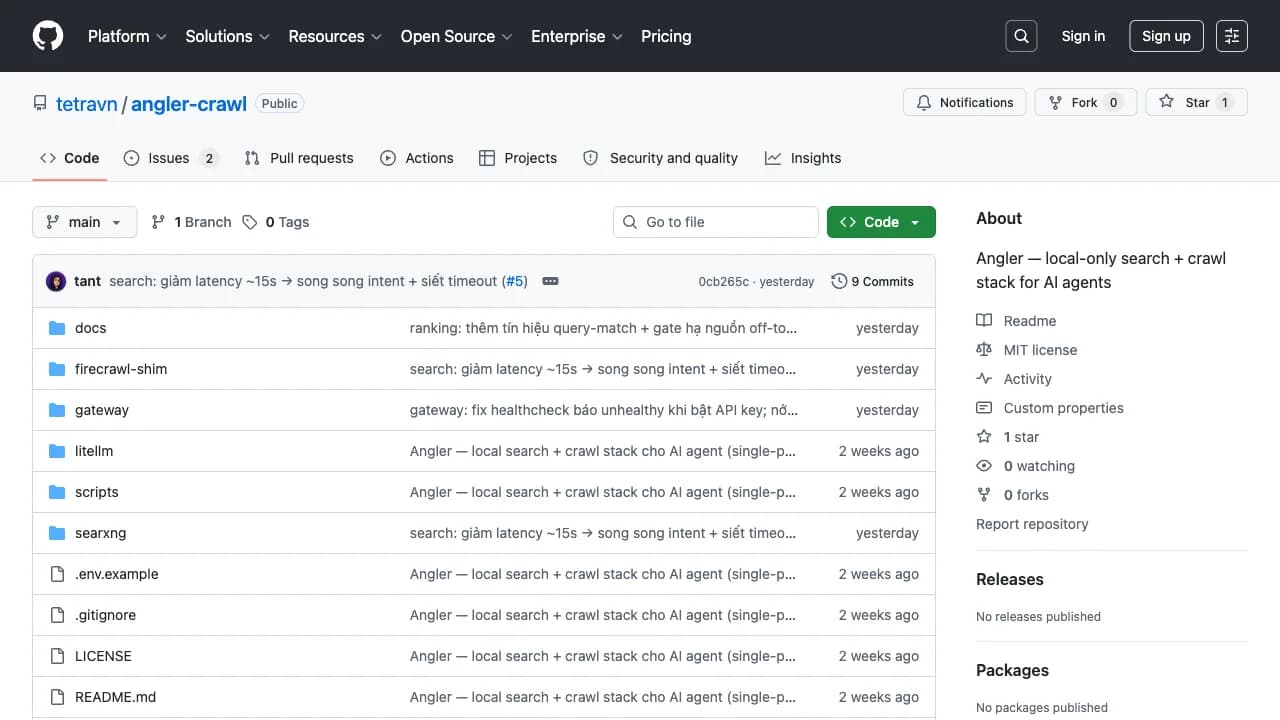 Repo Angler trên GitHub — công khai, giấy phép MIT, có mã nguồn và README